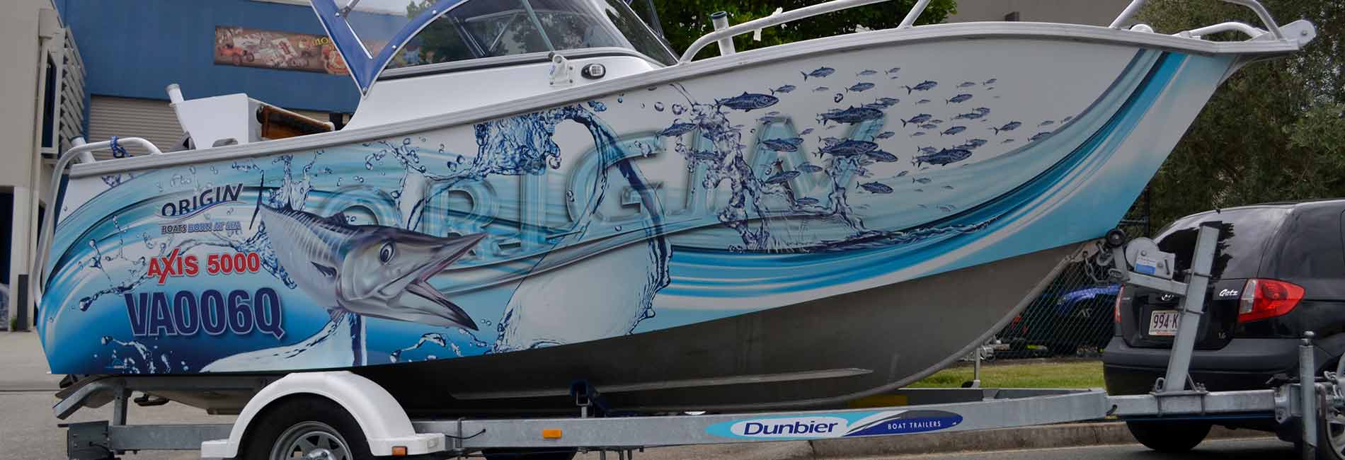 Marlin styles boat wrap on side of boat.