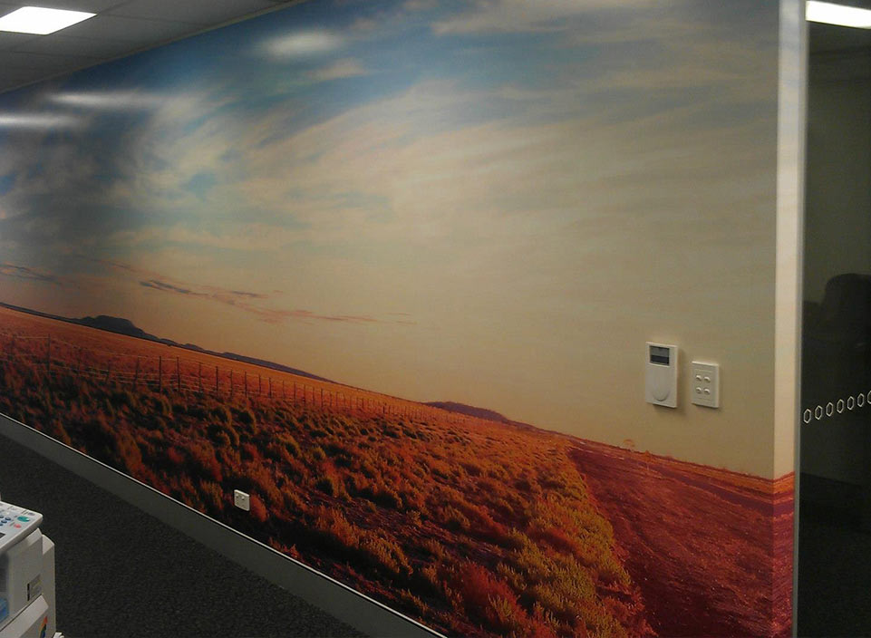 A landscape wall print inside an office location